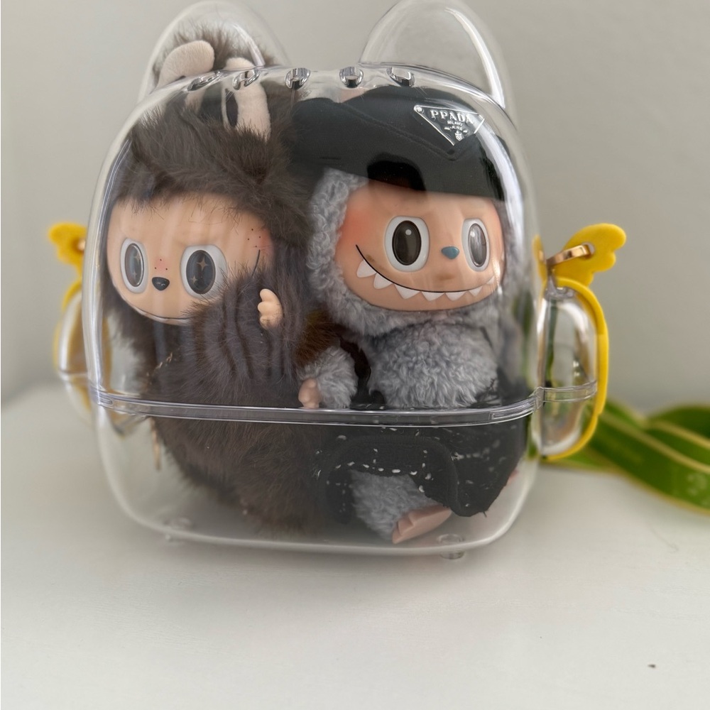LABUBU bag and Tan PlushPets in Clear Carrier